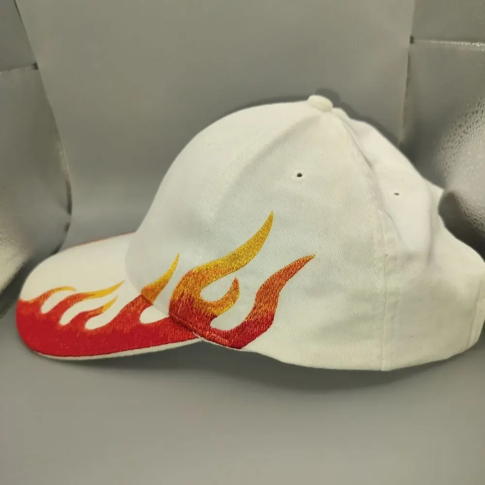 NISSUN White Flames Embroidered Baseball Cap Hat Adjustable Hot Rod Racing Theme